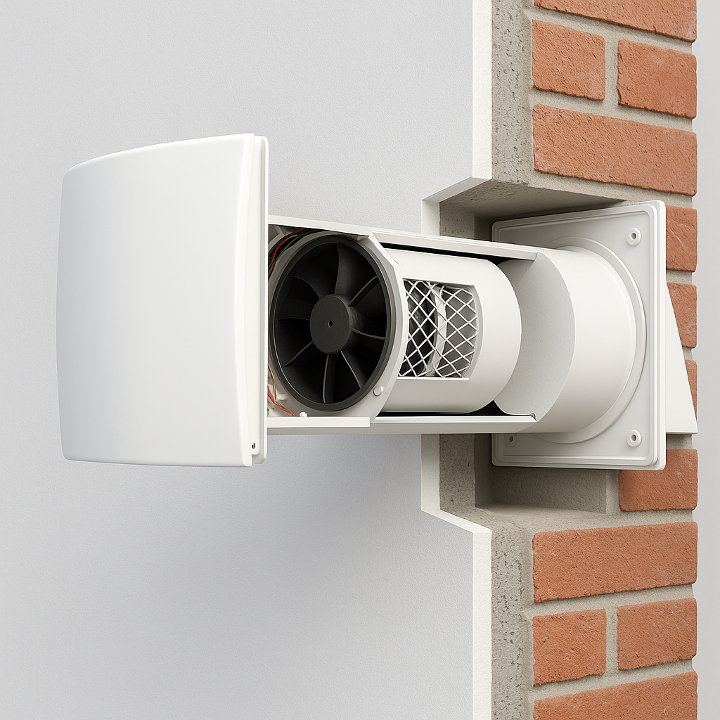 Recuperator de aer de perete montat în zid, prezentat în secțiune cu ventilator și filtru vizibile.