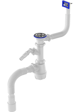 Сифон для кухни 1 1/2" х 40 с отводом для стир машины и переливом  с гибкой трубой 40х40/50, Aquant