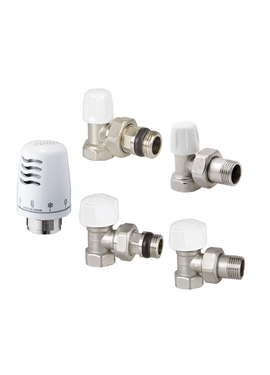 Комплект угловых кранов 1/2"  (подача + обратка + термоголовка, полипр.) ICMA