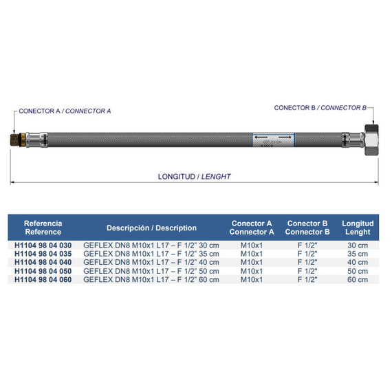 4elementsГибкая подводка вода dn 8 M10x1 L37 1/2F 40 cm Genebre, изображение 2