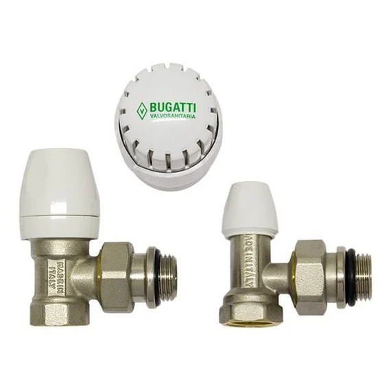 Комплект угловых кранов 1/2" (подача + обратка + термоголовка, полипр.) Bugatti