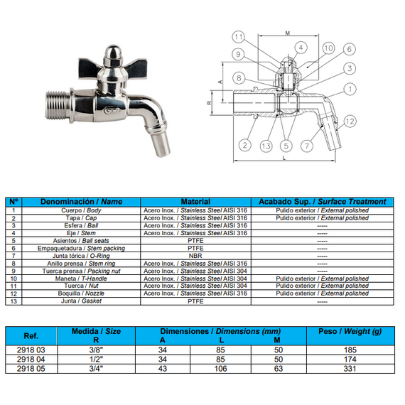 Кран шаровый - Баррель 1/2" INOX Genebre, изображение 2