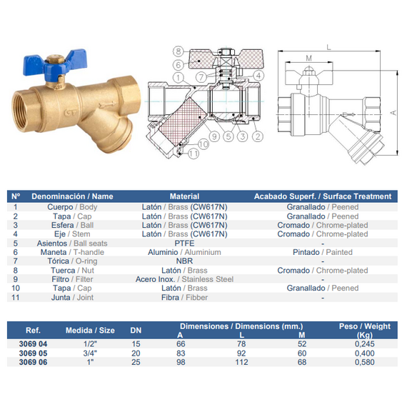 4elementsШаровый кран бабочка 1' FF с фильтром 'Y' Genebre, изображение 2