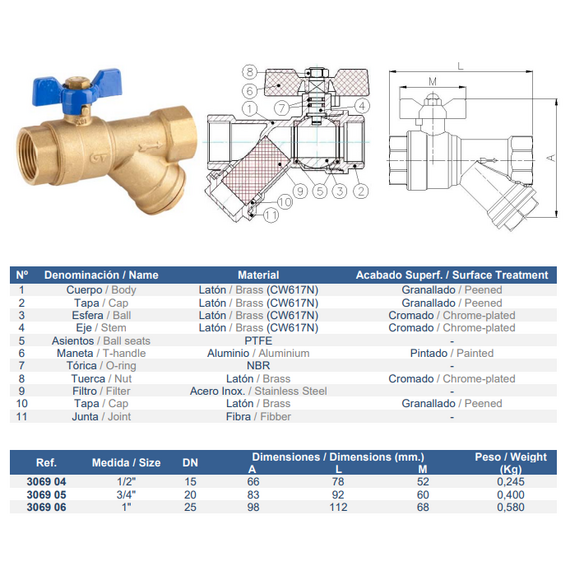 4elementsШаровый кран бабочка 3/4' FF с фильтром 'Y' Genebre, изображение 2
