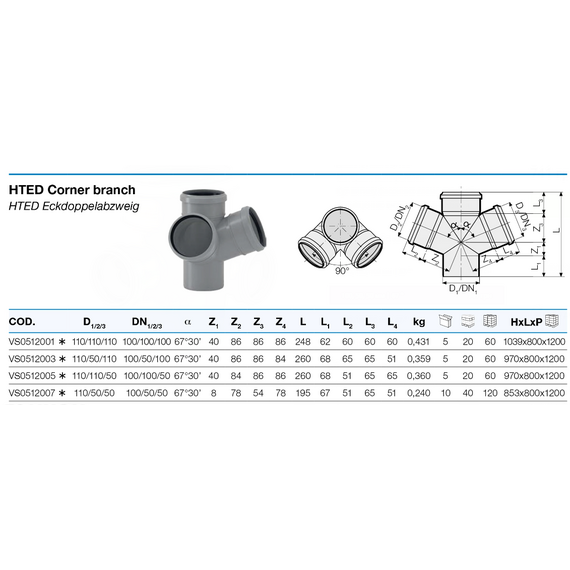 Крестовина двух плоскостная  110/50/50 угол 67° HTED Valsir, изображение 2