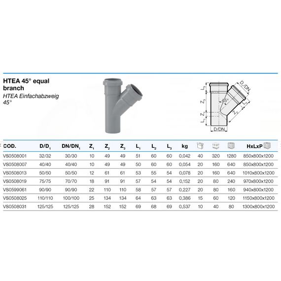 4elementsТройник 110/110 угол 45° HTEA Valsir, изображение 2