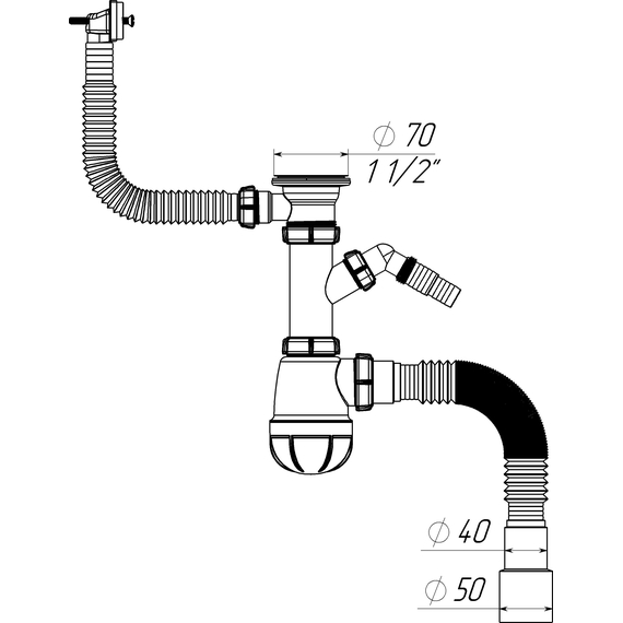4elementsСифон для кухни 1 1/2" х 40 с отводом для стир машины и переливом  с гибкой трубой 40х40/50, Aquant, изображение 2