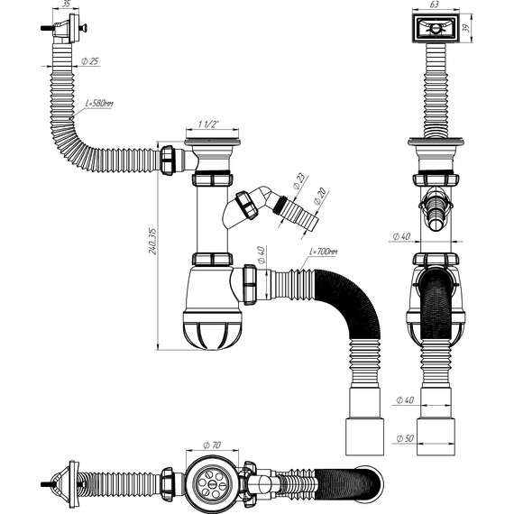 4elementsСифон для кухни 1 1/2" х 40 с отводом для стир машины и переливом  с гибкой трубой 40х40/50, Aquant, изображение 3