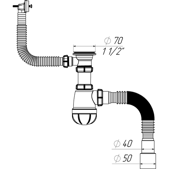 Сифон для кухни 1 1/2" х 40 с переливом с гибкой трубой 40х40/50,  Aquant, изображение 2