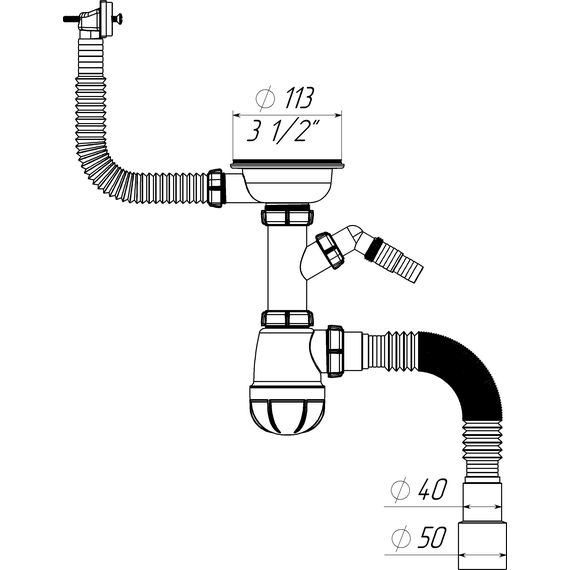 4elementsСифон для мойки 3 1/2''х40 с отводом для с/м и переливом с г.т. 40х40/50 белый, Aquant, изображение 2