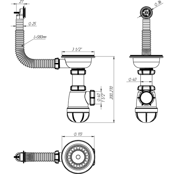 Сифон для мойки 3 1/2" х 40 с круглым переливом белый, Aquant, изображение 3