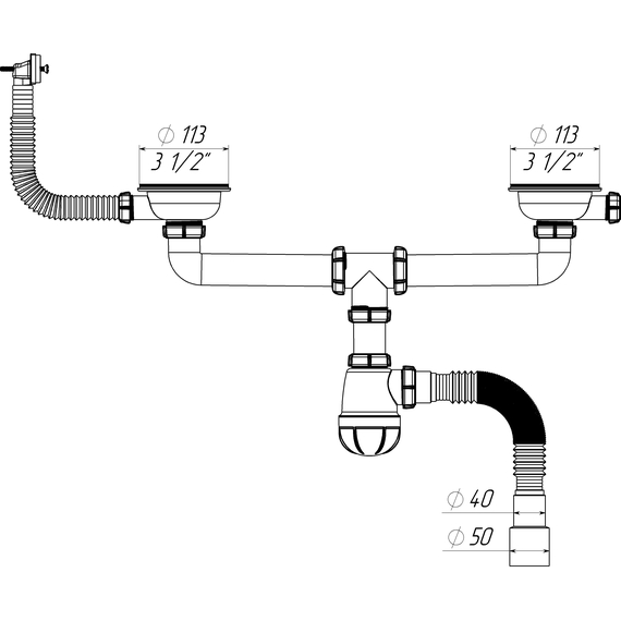 4elementsСифон для мойки сдвоенный 3 1/2" х 40 с прямоугольным переливом с г.т. 40х40/50, Aquant, изображение 2