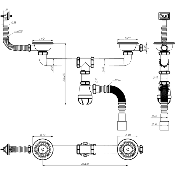 4elementsСифон для мойки сдвоенный 3 1/2" х 40 с прямоугольным переливом с г.т. 40х40/50, Aquant, изображение 3
