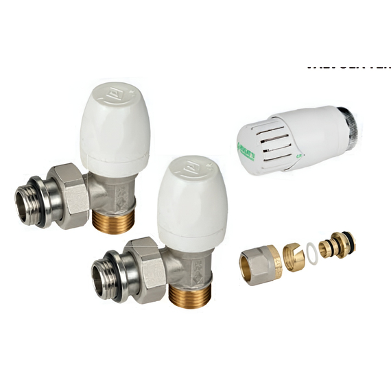 Комплект угловых кран (подача + обратка + термоголовка) 1/2"х16 Bugatti