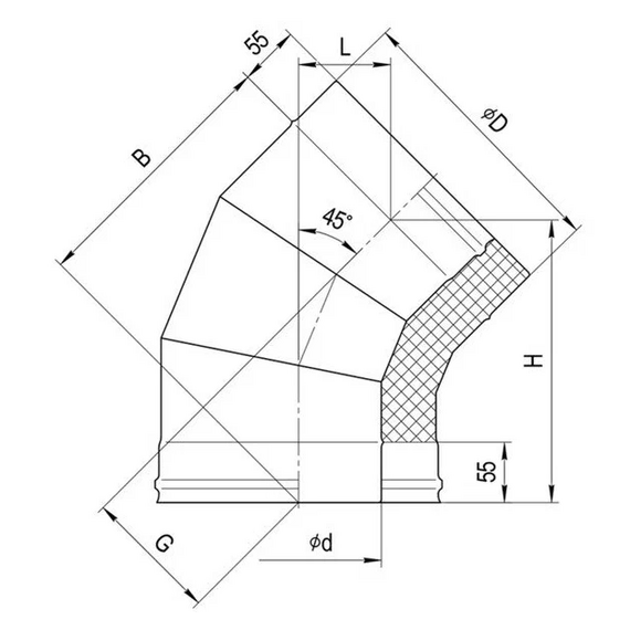 Сэндвич-колено для дымохода 135° Ferrum (430/0,5мм) D115х200, изображение 4