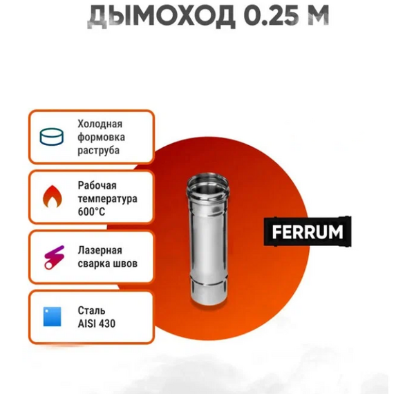 4elementsОдностенный дымоход 0,25м Ferrum D130 (0,5мм), изображение 5