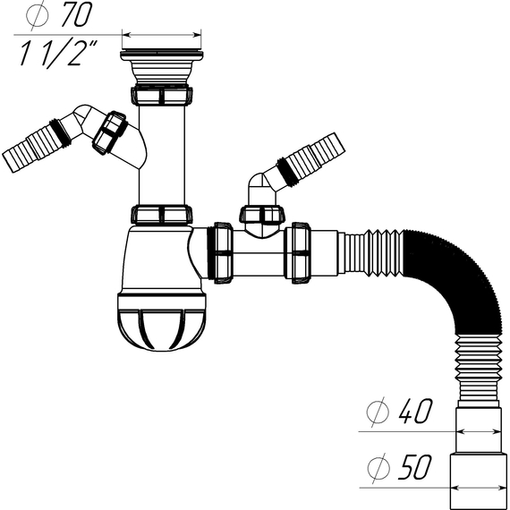 4elementsSifon 1 1/2"*40 cu 2 coturi, cu racord extensibil 40х40/50, Aquant, изображение 2