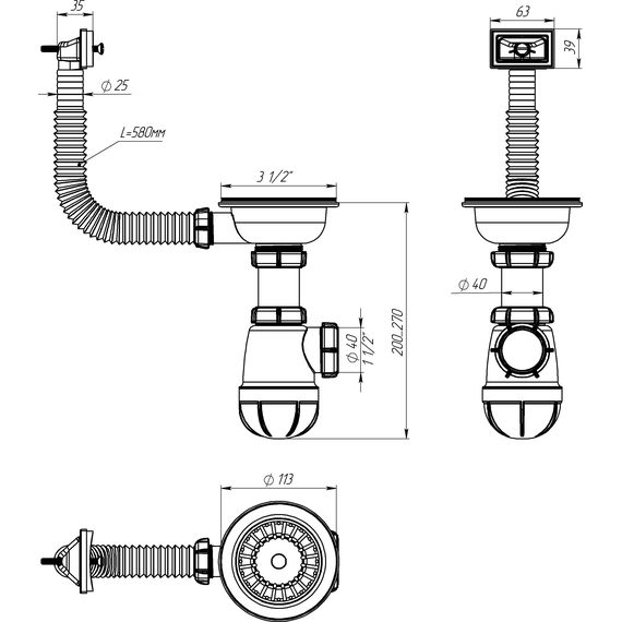 4elementsSifon dublu pentru chiuvetа, rotund  3 1/2"*40 cu racord extensibil 40х40/50, Aquant, изображение 3
