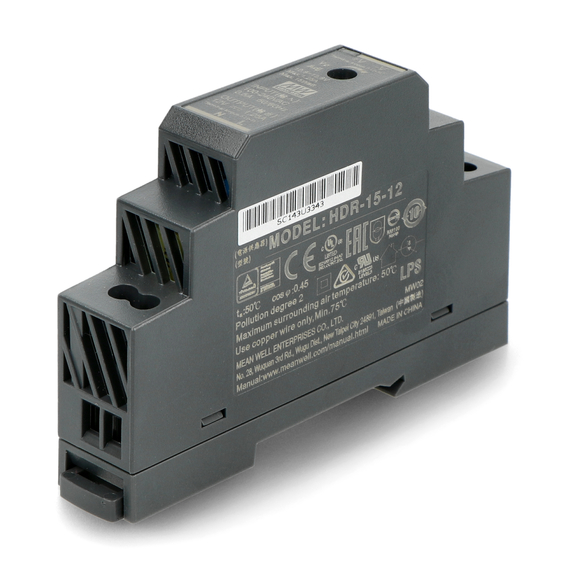 Источник питания MEANWELL HDR-15-12, 15 Вт, 220 В / 12 В (1.25 А), для DIN-рейки