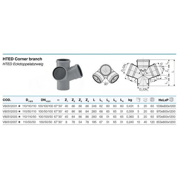 Крестовина двух плоскостная  110/50/50 угол 67° HTED Valsir, изображение 2